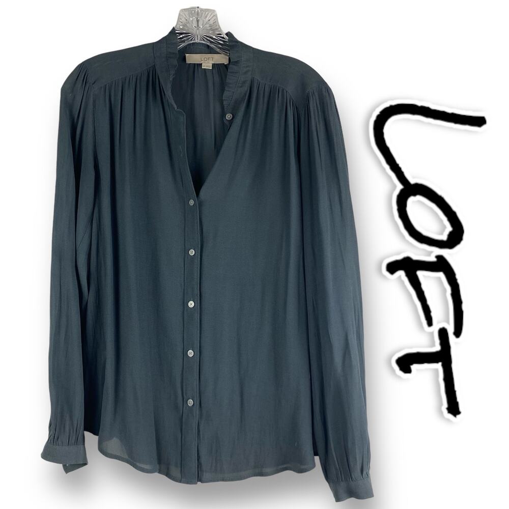 Loft Sheer Ruffle Banded Collar Gray Blouse Womens Size XS